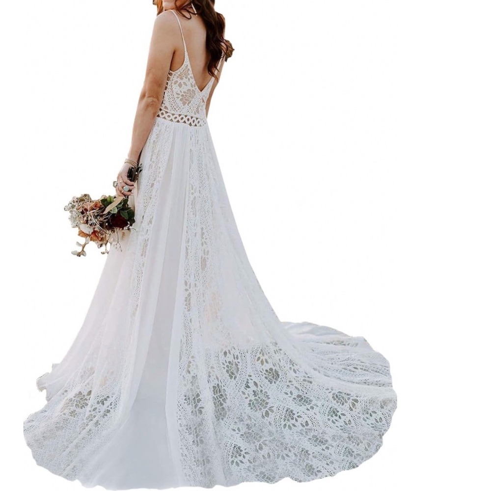 Liposa White Boho Lace Maxi Dress V-Neck Spaghetti Strap Wedding Bridal Gown